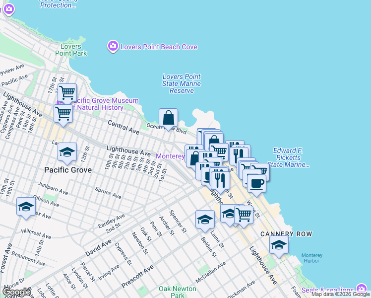 map of restaurants, bars, coffee shops, grocery stores, and more near 180 Central Avenue in Pacific Grove