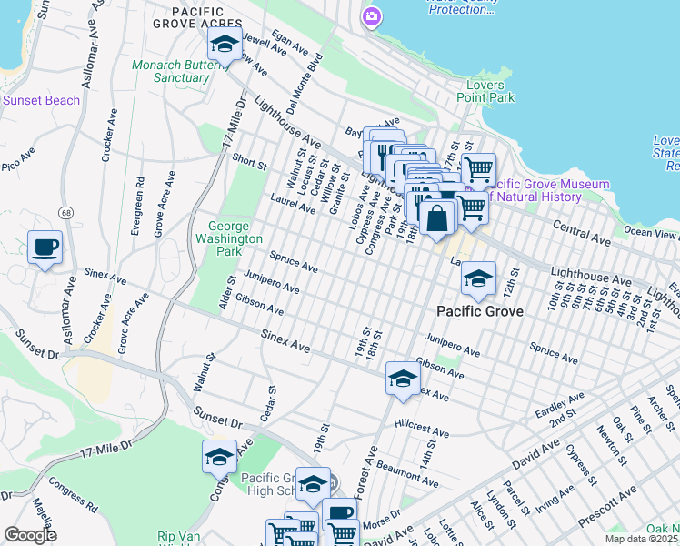 map of restaurants, bars, coffee shops, grocery stores, and more near 728 Spruce Avenue in Pacific Grove