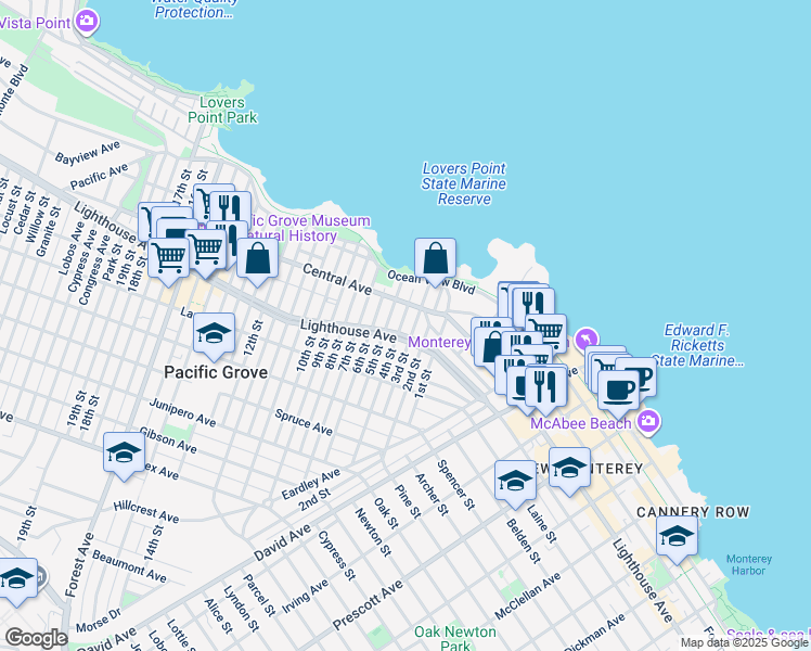 map of restaurants, bars, coffee shops, grocery stores, and more near 131 5th Street in Pacific Grove