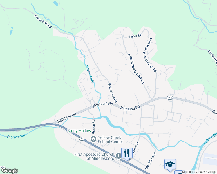 map of restaurants, bars, coffee shops, grocery stores, and more near 175 Beans Fork Road in Middlesboro