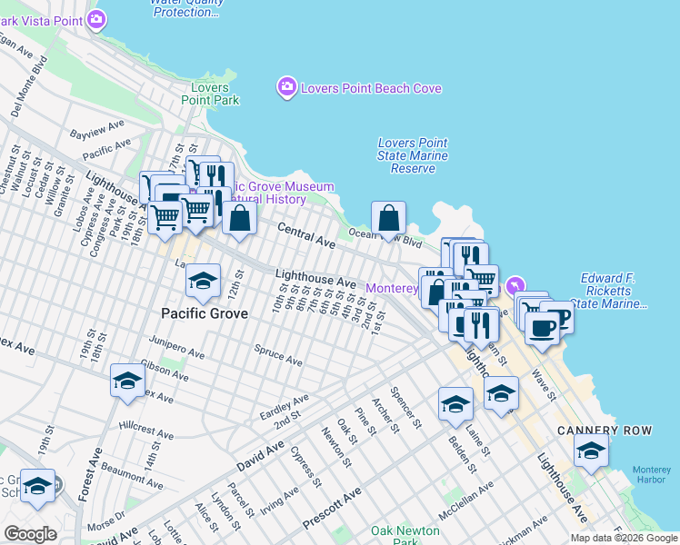 map of restaurants, bars, coffee shops, grocery stores, and more near 137 6th Street in Pacific Grove