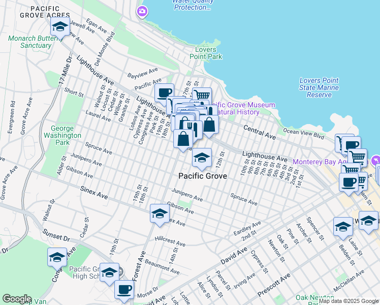 map of restaurants, bars, coffee shops, grocery stores, and more near 301 Grand Avenue in Pacific Grove