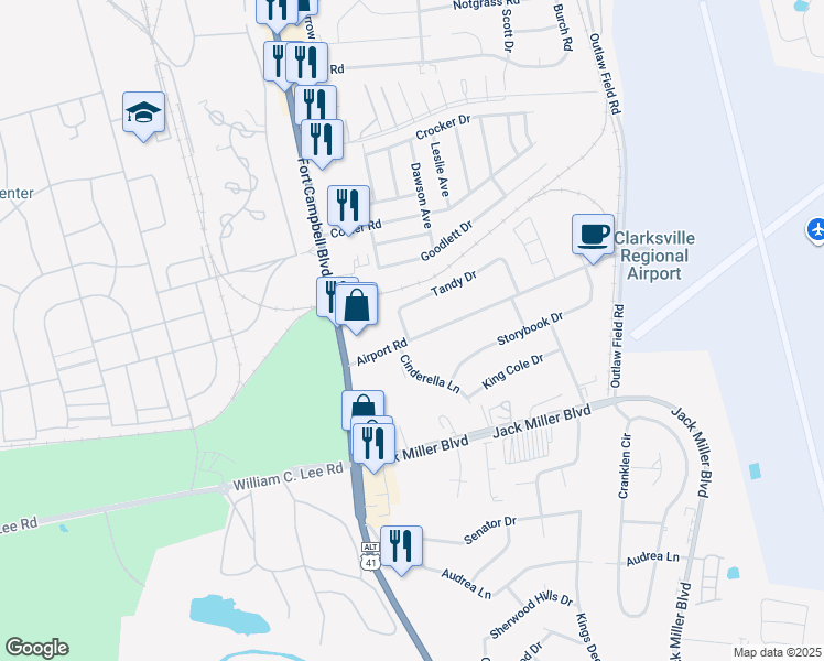 map of restaurants, bars, coffee shops, grocery stores, and more near 98 Tandy Drive in Clarksville