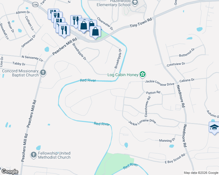 map of restaurants, bars, coffee shops, grocery stores, and more near 1747 Broadripple Drive in Clarksville