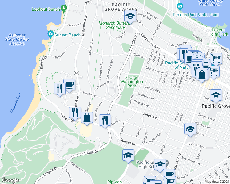 map of restaurants, bars, coffee shops, grocery stores, and more near 1024 Pacific Grove Lane in Pacific Grove