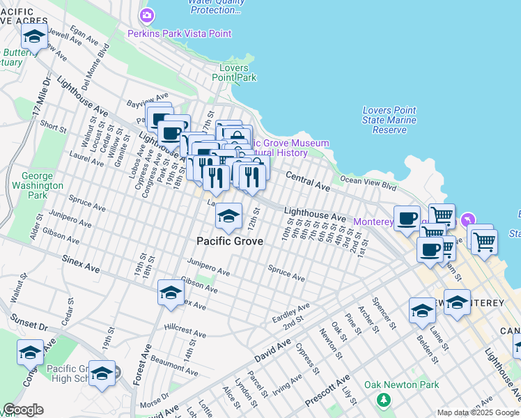 map of restaurants, bars, coffee shops, grocery stores, and more near 207 12th Street in Pacific Grove