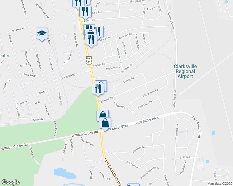map of restaurants, bars, coffee shops, grocery stores, and more near 98 Tandy Drive in Clarksville