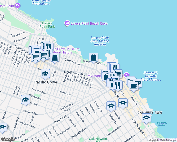 map of restaurants, bars, coffee shops, grocery stores, and more near 134 3rd Street in Pacific Grove