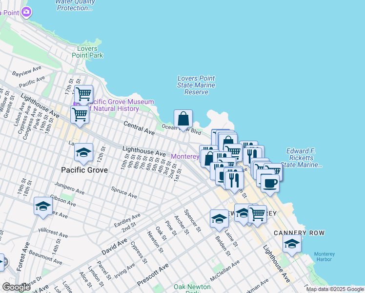 map of restaurants, bars, coffee shops, grocery stores, and more near 225 Central Avenue in Pacific Grove