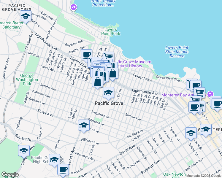 map of restaurants, bars, coffee shops, grocery stores, and more near 301 Grand Avenue in Pacific Grove