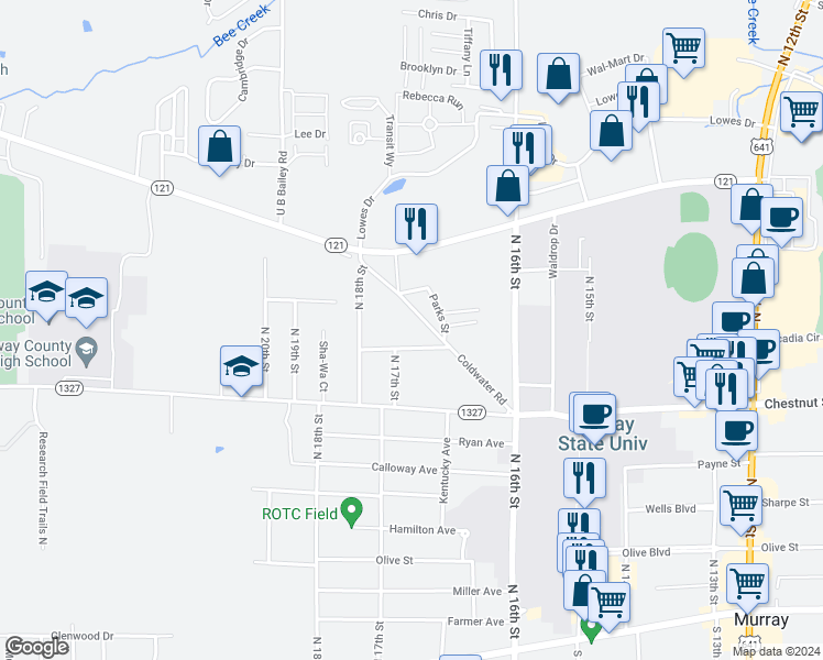 map of restaurants, bars, coffee shops, grocery stores, and more near 905 Coldwater Road in Murray