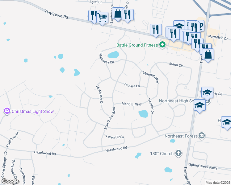 map of restaurants, bars, coffee shops, grocery stores, and more near 3809 Man O War Boulevard in Clarksville