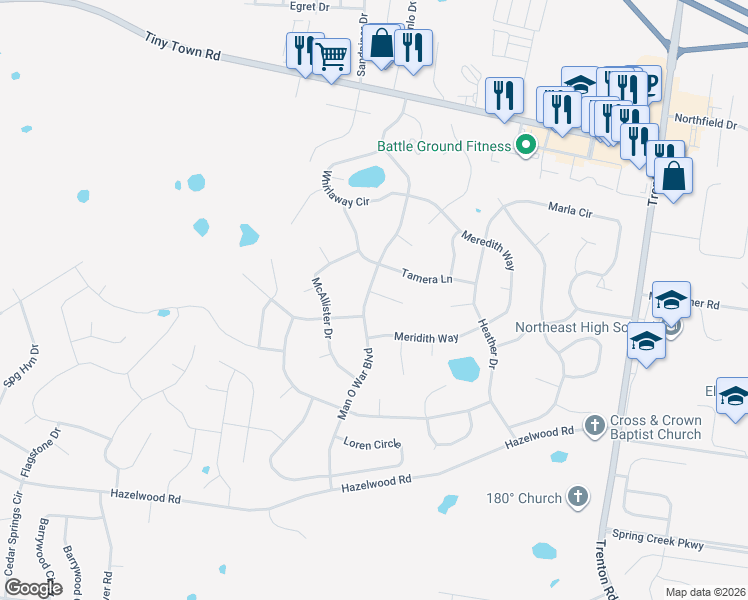 map of restaurants, bars, coffee shops, grocery stores, and more near 3809 Man O War Boulevard in Clarksville