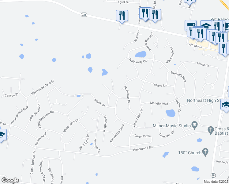 map of restaurants, bars, coffee shops, grocery stores, and more near 1397 Scrub Oak Drive in Clarksville