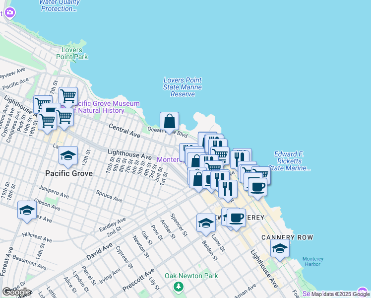 map of restaurants, bars, coffee shops, grocery stores, and more near 183 Sloat Avenue in Pacific Grove