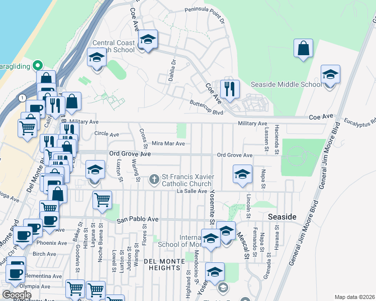 map of restaurants, bars, coffee shops, grocery stores, and more near 1585 Ord Grove Avenue in Seaside
