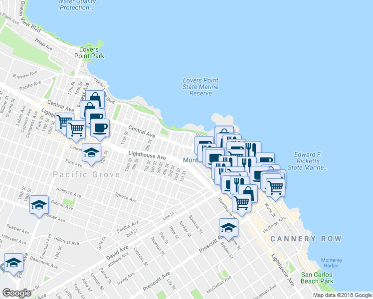 map of restaurants, bars, coffee shops, grocery stores, and more near 225 Central Avenue in Pacific Grove