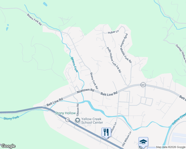 map of restaurants, bars, coffee shops, grocery stores, and more near 172 Beans Fork Road in Middlesboro