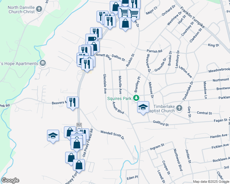 map of restaurants, bars, coffee shops, grocery stores, and more near 784 Arnett Boulevard in Danville