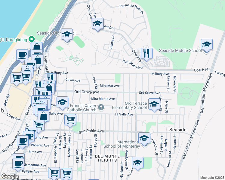 map of restaurants, bars, coffee shops, grocery stores, and more near 1545 Ord Grove Avenue in Seaside