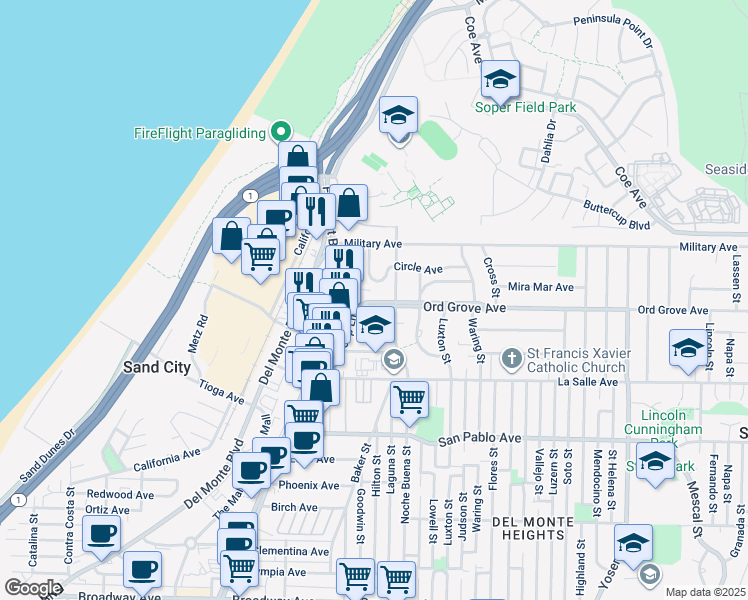 map of restaurants, bars, coffee shops, grocery stores, and more near 1247 Ord Grove Avenue in Seaside