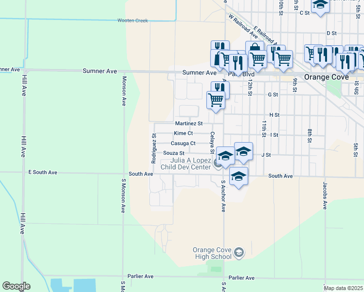 map of restaurants, bars, coffee shops, grocery stores, and more near 1539 Casuga Court in Orange Cove