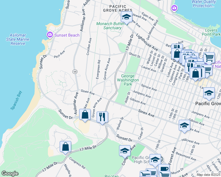 map of restaurants, bars, coffee shops, grocery stores, and more near 1016 Pacific Grove Lane in Pacific Grove