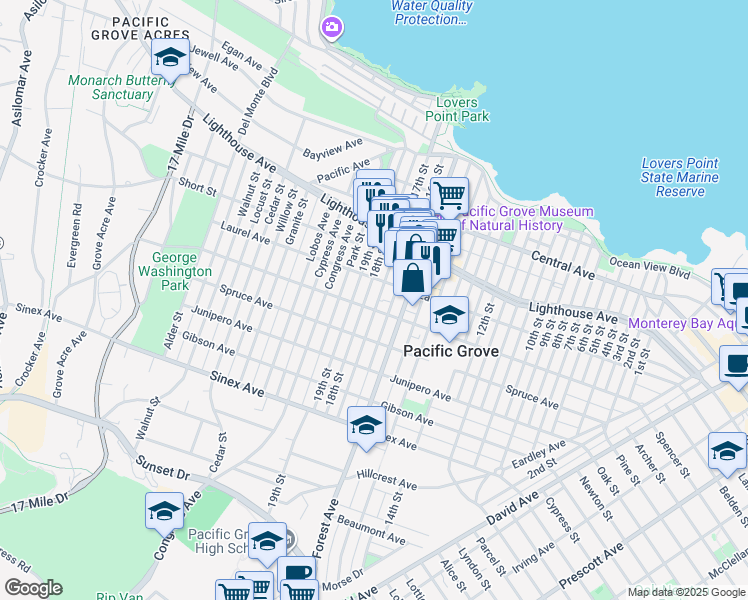 map of restaurants, bars, coffee shops, grocery stores, and more near 316 17th Street in Pacific Grove