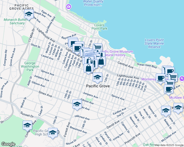 map of restaurants, bars, coffee shops, grocery stores, and more near 301 Grand Avenue in Pacific Grove