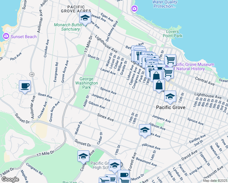 map of restaurants, bars, coffee shops, grocery stores, and more near 780 Spruce Avenue in Pacific Grove