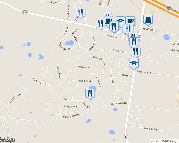 map of restaurants, bars, coffee shops, grocery stores, and more near 1335 Fergie Court in Clarksville