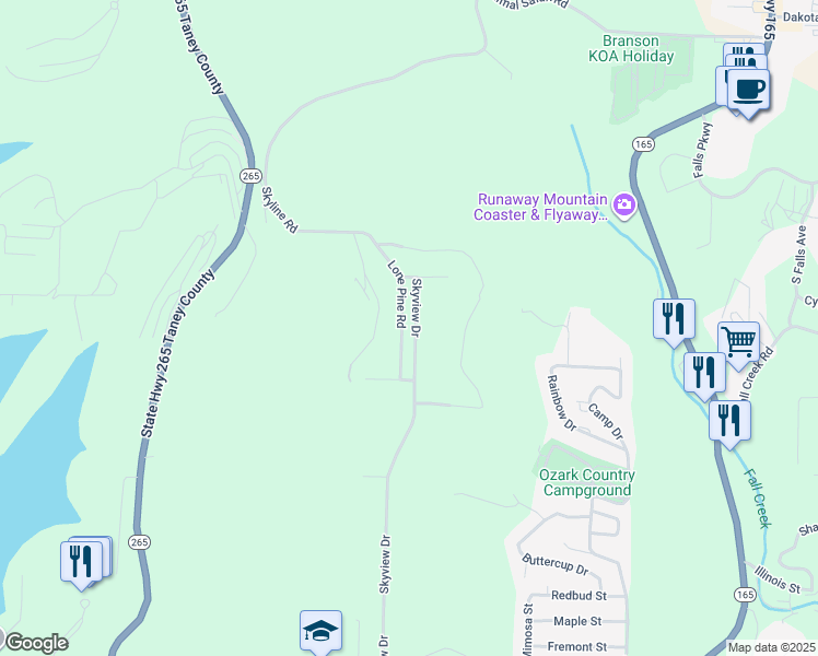 map of restaurants, bars, coffee shops, grocery stores, and more near 1557 Skyview Dr in Branson