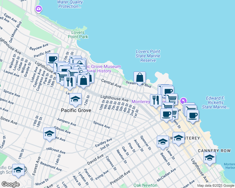 map of restaurants, bars, coffee shops, grocery stores, and more near 142 7th Street in Pacific Grove
