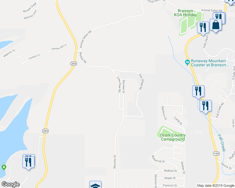 map of restaurants, bars, coffee shops, grocery stores, and more near 336 Lone Pine Road in Branson