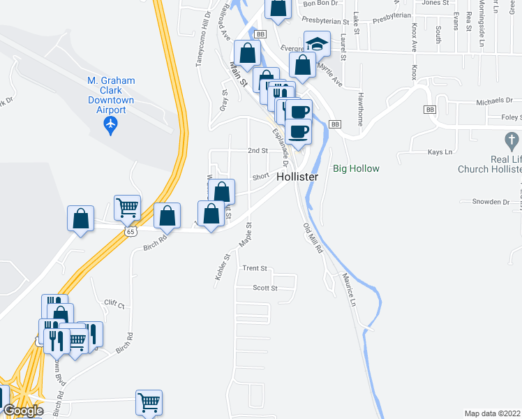 map of restaurants, bars, coffee shops, grocery stores, and more near 2327 U.S. 65 Business in Hollister