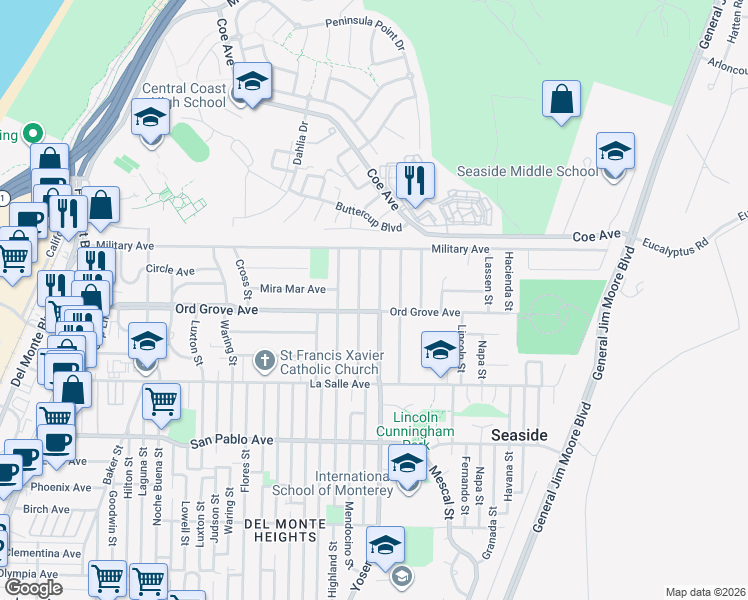 map of restaurants, bars, coffee shops, grocery stores, and more near 2015 Yosemite Street in Seaside