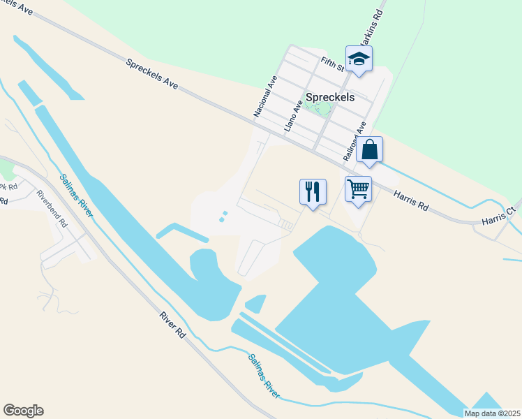 map of restaurants, bars, coffee shops, grocery stores, and more near 121 Spreckels Boulevard in Salinas