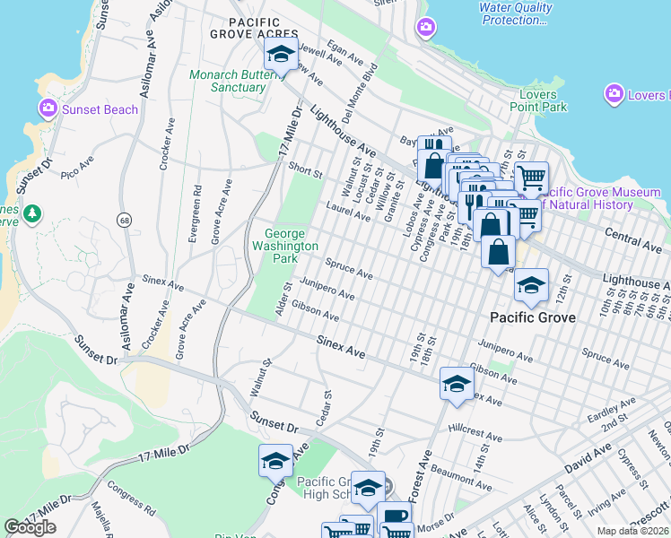 map of restaurants, bars, coffee shops, grocery stores, and more near 831 Spruce Avenue in Pacific Grove