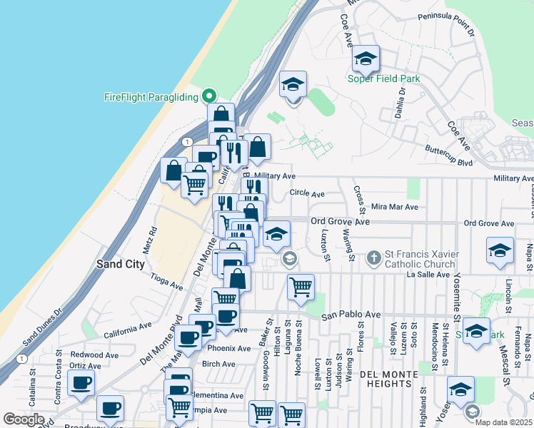 map of restaurants, bars, coffee shops, grocery stores, and more near 1247 Ord Grove Avenue in Seaside