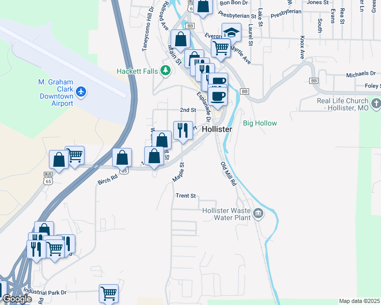 map of restaurants, bars, coffee shops, grocery stores, and more near 2327 U.S. 65 Business in Hollister