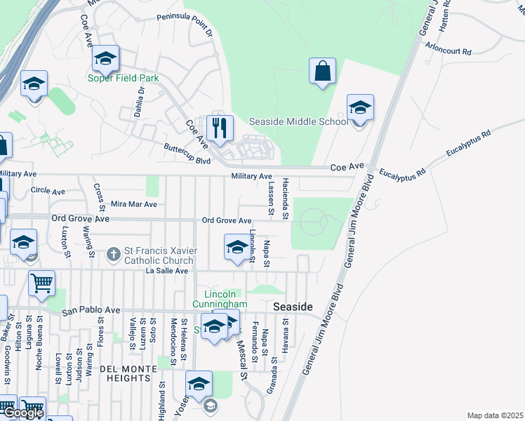 map of restaurants, bars, coffee shops, grocery stores, and more near 1830 Eucalyptus Avenue in Seaside
