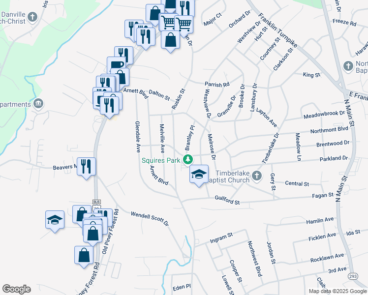 map of restaurants, bars, coffee shops, grocery stores, and more near 117 Brantley Place in Danville
