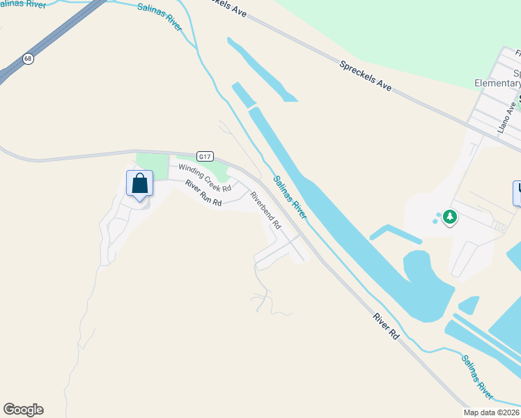 map of restaurants, bars, coffee shops, grocery stores, and more near 17720 Riverbend Road in Salinas