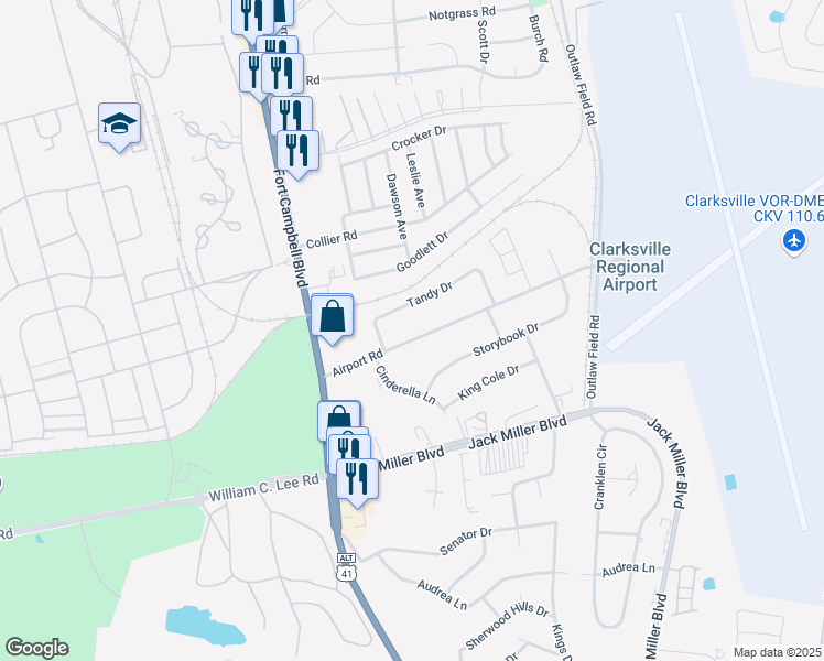 map of restaurants, bars, coffee shops, grocery stores, and more near 107 Airport Road in Clarksville