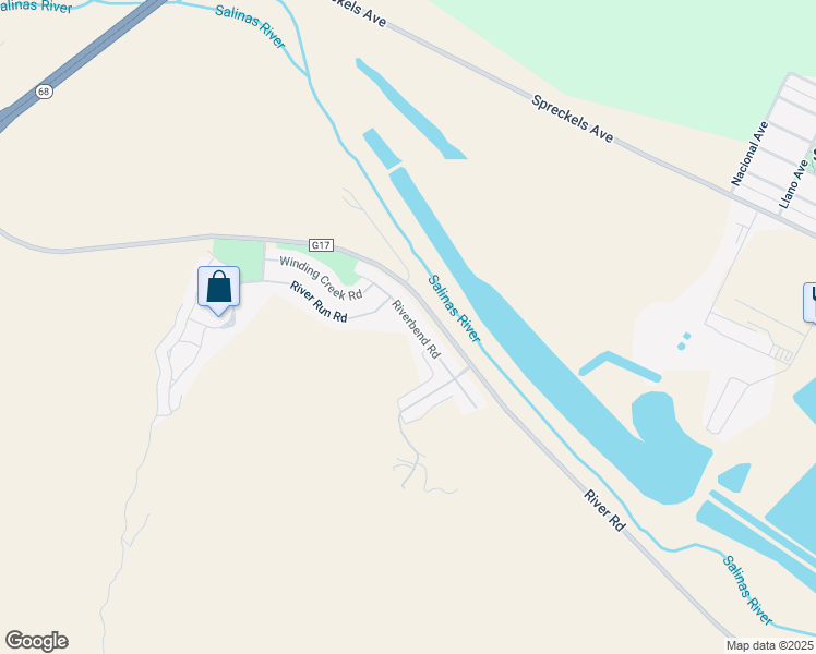 map of restaurants, bars, coffee shops, grocery stores, and more near 17716 Riverbend Road in Salinas