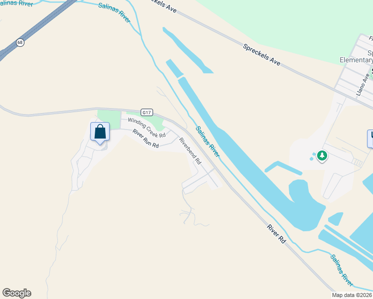 map of restaurants, bars, coffee shops, grocery stores, and more near 17720 Riverbend Road in Salinas