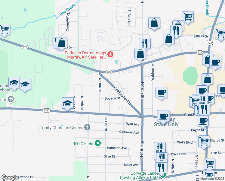 map of restaurants, bars, coffee shops, grocery stores, and more near 905 Coldwater Road in Murray