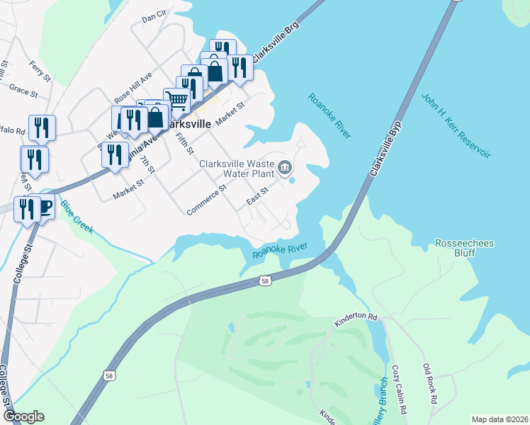 map of restaurants, bars, coffee shops, grocery stores, and more near 404 4th Street in Clarksville