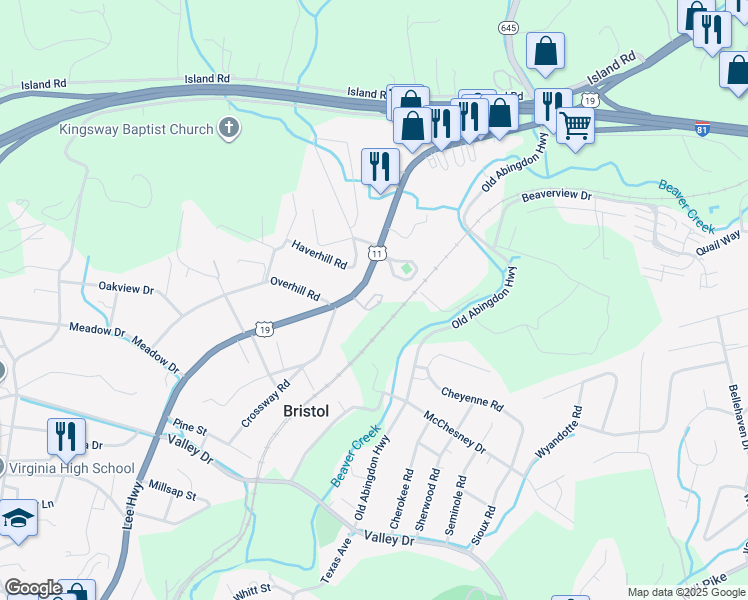map of restaurants, bars, coffee shops, grocery stores, and more near 1821 Lee Highway in Bristol