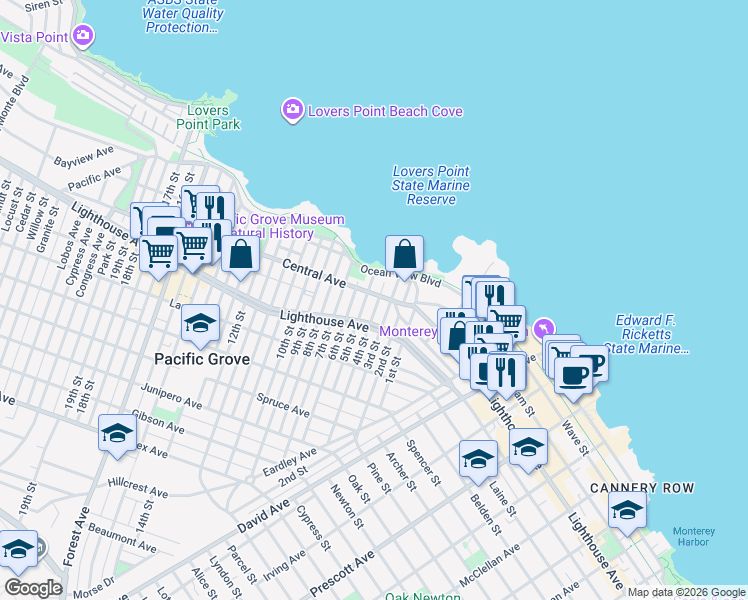 map of restaurants, bars, coffee shops, grocery stores, and more near 131 5th Street in Pacific Grove